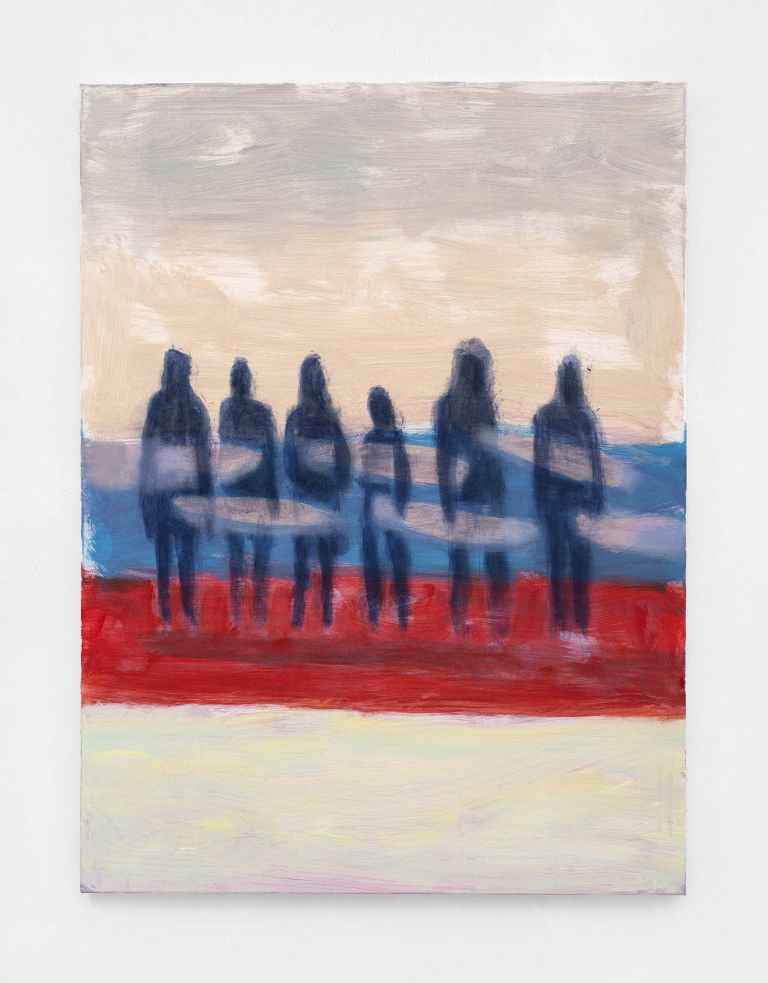 Katherine Bradford, Surfers with surfboards, 2021, acrylic on canvas. Courtesy Kaufmann Repetto