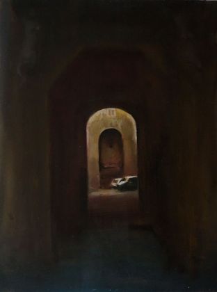 Paolo La Motta, Sanfelice e l'impluvium, 2019, olio su tavola, cm 80x60
