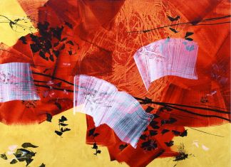 Vincenzo Scolamiero, In un giro di vento, 2017, olio e pigmenti su tela, 100x125 cm. Collezione privata