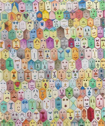 Alighiero Boetti, Faccine colorate, 1979, intervento a mano su stampa serigrafica, cm 80x68 © SIAE 2020