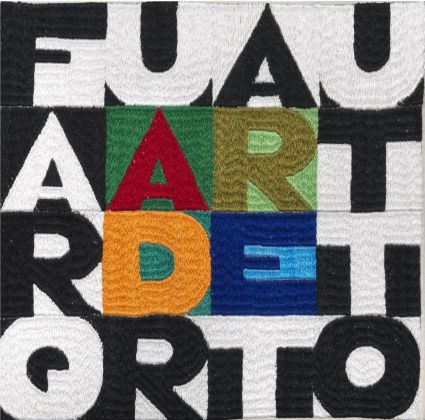 Alighiero Boetti, Far quadrare tutto, 1994, ricamo su tessuto, cm 22,8x23