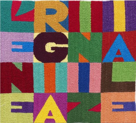 Alighiero Boetti, L’energia iniziale, 1990 ca., ricamo su tessuto, cm 21,6x24,1