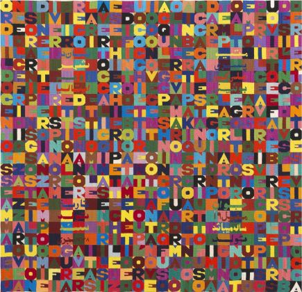 Alighiero Boetti, Oggi nono giorno quinto mese 1000novecento ottantanove, 1989, ricamo su tessuto, cm 110x112