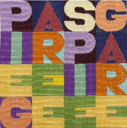 Alighiero Boetti, Piegare e spiegare, 1989, ricamo su tessuto, cm 23,7x23,7