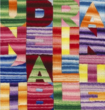 Alighiero Boetti, Un’idea brillante, 1994 ca., ricamo su tessuto, cm 18x17