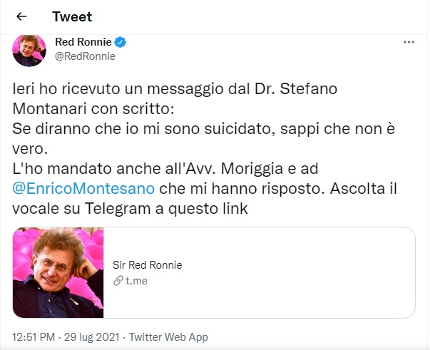 Il tweet di Red Ronnie a proposito della morte di De Donno