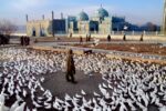 MAN STANDS IN THE MIDDLE OF A FLOCK OF DOVES AT THE HAZRAT ALI MOSQUE BY STEVE MCCURRY
