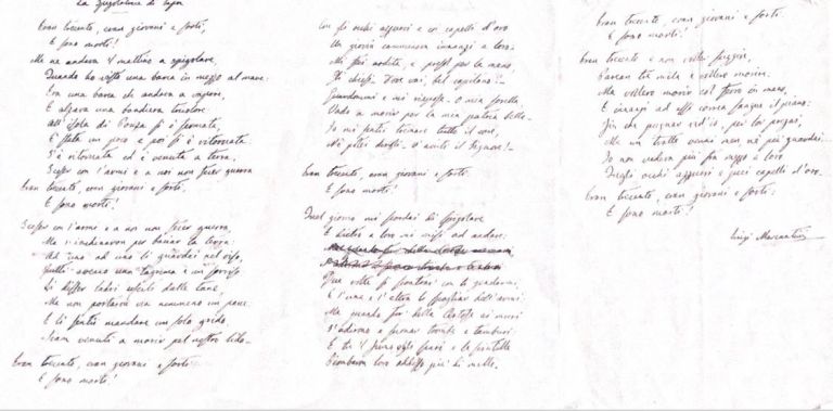 Manoscritto originale della poesia di Luigi Mercantini