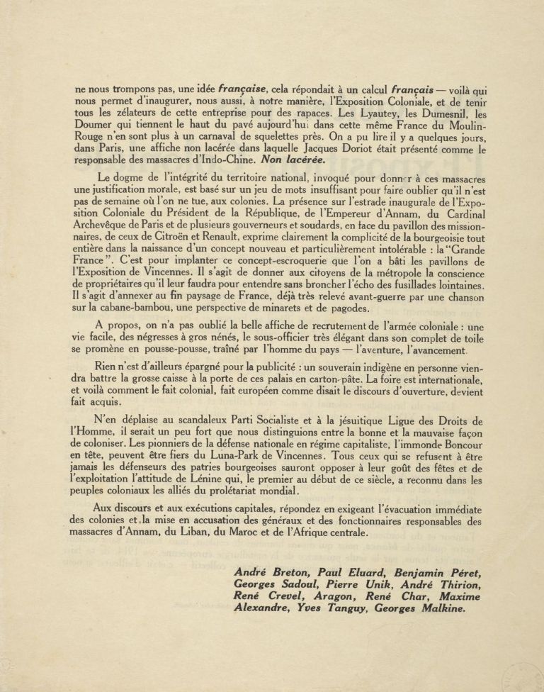 Ne visitez pas l’exposition coloniale, 1931, in Documents surréalistes, raccolti in Paul Eluard, Œuvres complètes II © Editions Gallimard – Musée d’art et d’histoire Paul Eluard, Saint-Denis. Photo I. Andréani