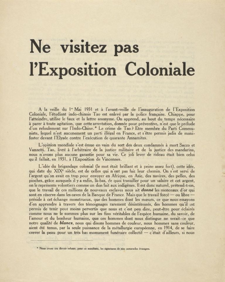 Ne visitez pas l’exposition coloniale, 1931, in Documents surréalistes, raccolti in Paul Eluard, Œuvres complètes II © Editions Gallimard – Musée d’art et d’histoire Paul Eluard, Saint-Denis. Photo I. Andréani