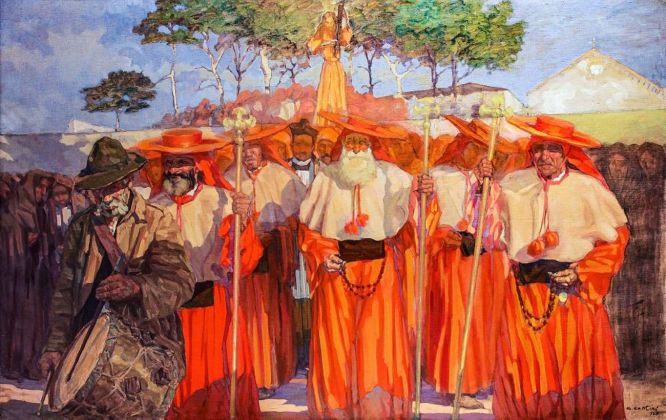 Carlo Contini, Processione de Su Jesus o Confratelli rossi, 1927, olio su tela, cm 120x190