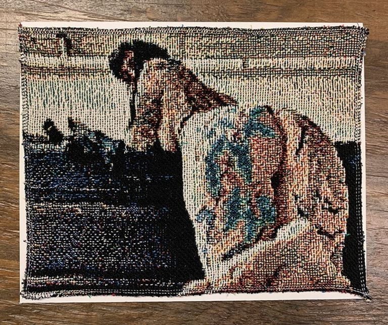 Erin M. Riley, Selfie Project, 2020, Edition of 8 cotton jacquard woven prints of images from my personal iPhone, each piece is mounted on a cardstock backing