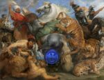 Jeff Koons, Gazing Ball (Rubens Tiger Hunt), 2015, dalla serie Gazing Ball Paintings, olio su tela, vetro e alluminio, cm 163,8 x 211,1 x 37,5. Collezione dell’artista © Jeff Koons. Photo Tom Powel Imaging. Courtesy Gagosian