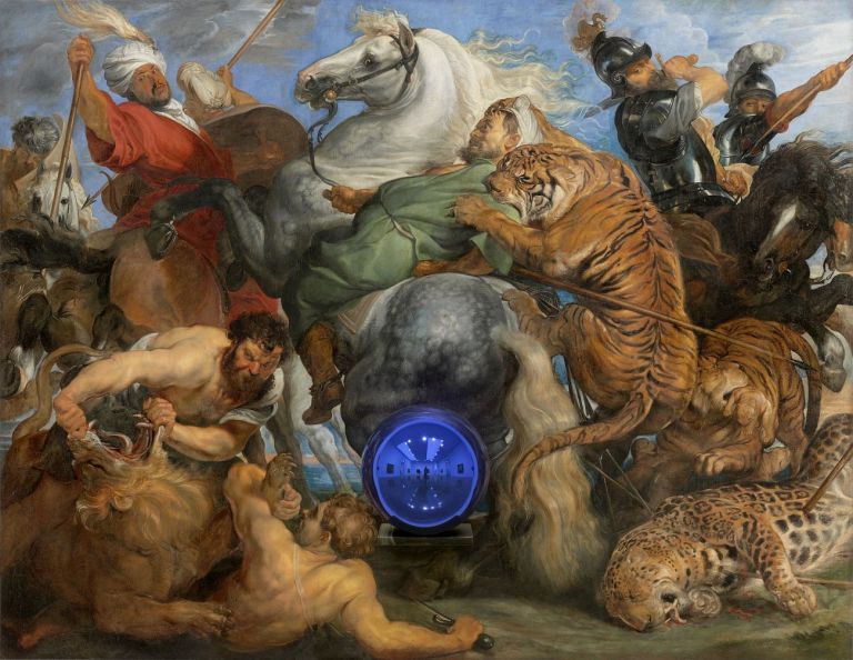 Jeff Koons, Gazing Ball (Rubens Tiger Hunt), 2015, dalla serie Gazing Ball Paintings, olio su tela, vetro e alluminio, cm 163,8 x 211,1 x 37,5. Collezione dell’artista © Jeff Koons. Photo Tom Powel Imaging. Courtesy Gagosian