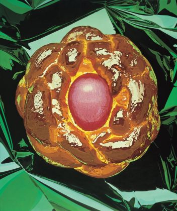 Jeff Koons, Bread with Egg, 1995 97, dalla serie Celebration, olio su tela, cm 325,1 x 274,3. Noirmontartproduction, Parigi © Jeff Koons