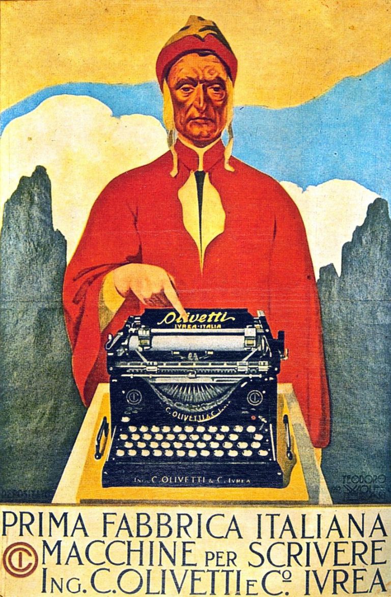 Teodoro Wolf Ferrari, Locandina pubblicitaria per la macchina per scrivere M1 Olivetti, 1912, cromolitografia su cartone, 32x22 cm. Treviso, Direzione Generale Musei Veneto – Museo Nazionale Collezione Salce