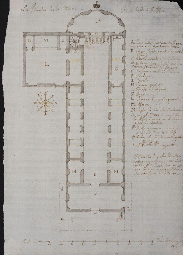 Plautilla Bricci (Roma 1616 - post 1690) La pianta della Villa Benedetta a Roma detta il Vascello, 1664 penna, inchiostro bruno, acquerello grigio, giallo e arancione su carta, 268 x 189 mm collezione privata