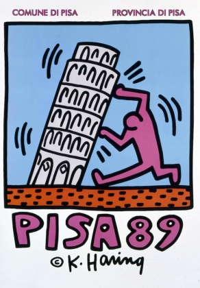 Pisa 89, 1989, Stampa offset a quattro colori su carta lucida nera, 100 × 79.8 cm Courtesy of Nakamura Keith Haring Collection © Keith Haring Foundation