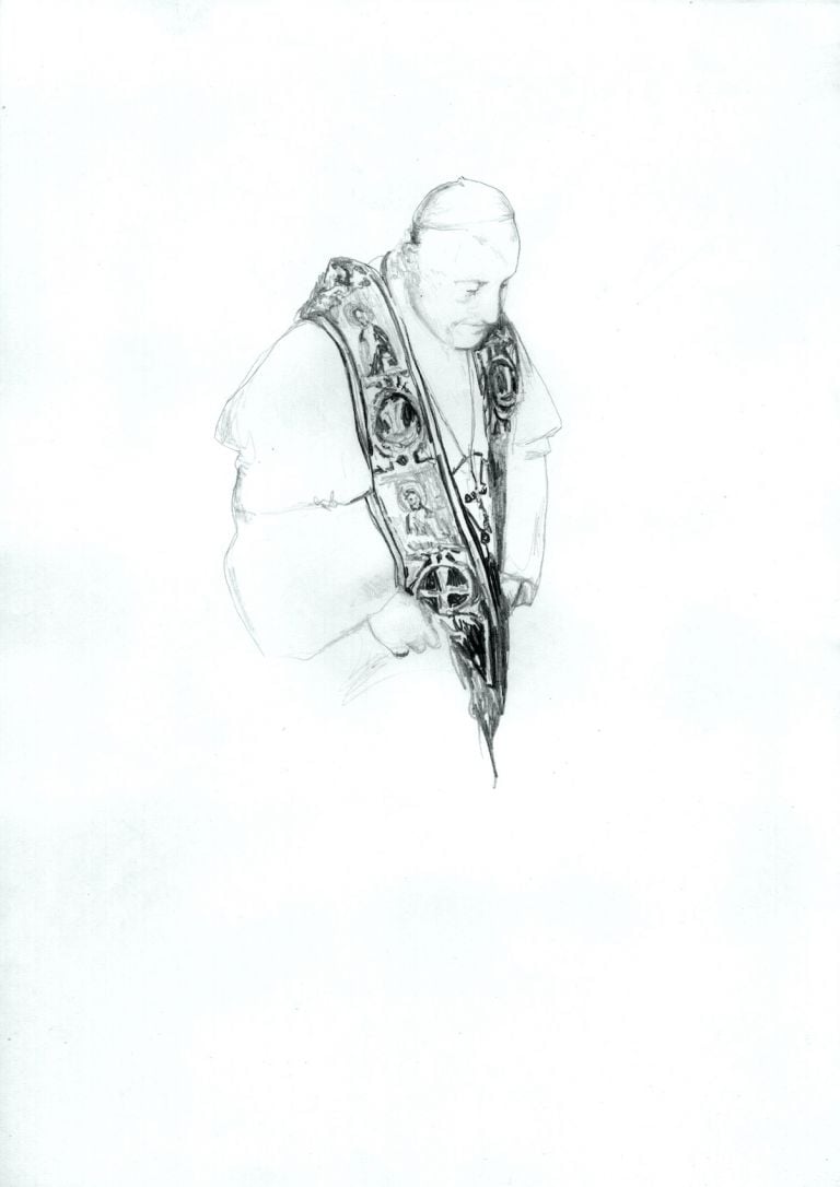 Andrea Mastrovito, Papa Giovanni XXIII, schizzo preparatorio per l’abside di sinistra, 2011, matita su carta, 29,7 x 21 cm Courtesy l'artista