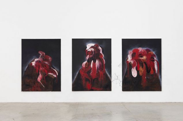 Anish Kapoor, Diana Blackened Reddened, 2021. Oil on canvas. Triptych Each panel 244×183 cm. Photograph Dave Morgan © Anish Kapoor. All rights reserved SIAE, 2021