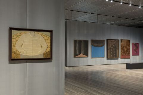 Domenico Gnoli. Exhibition view at Fondazione Prada, Milano. Photo Roberto Marossi. In primo piano, La chemise sur la table n. 3, 1967