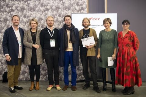 Alexander Mayhew, gallerista; Antje-Britt Mählmann, direttrice, Kunsthalle St. Annen, Lubecca; Jaring Dürst Britt, gallerista; Krist Gruijthuijsen, direttore, KW Berlin Institute for Contemporary Art, Berlino; Lennart Lahuis, artista; Egle Panzella, responsabile Sustainability di FPT Industrial; Ilaria Bonacossa. Photo courtesy: Perottino-Piva / Artissima