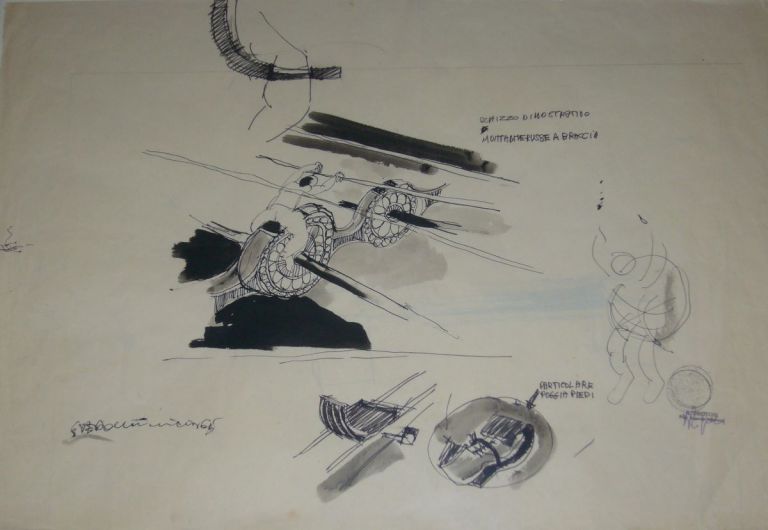Gino De Dominicis, Schizzo dimostrativo montagne russe e braccia, 1965, china su carta, cm 47x67