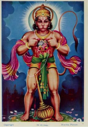 Hanuman che rivela Rama e Sita nel suo cuore, fine anni '70, India, Maharashtra, Mumbai, litografia © musée du quai Branly–Jacques Chirac, foto di Pauline Guyon