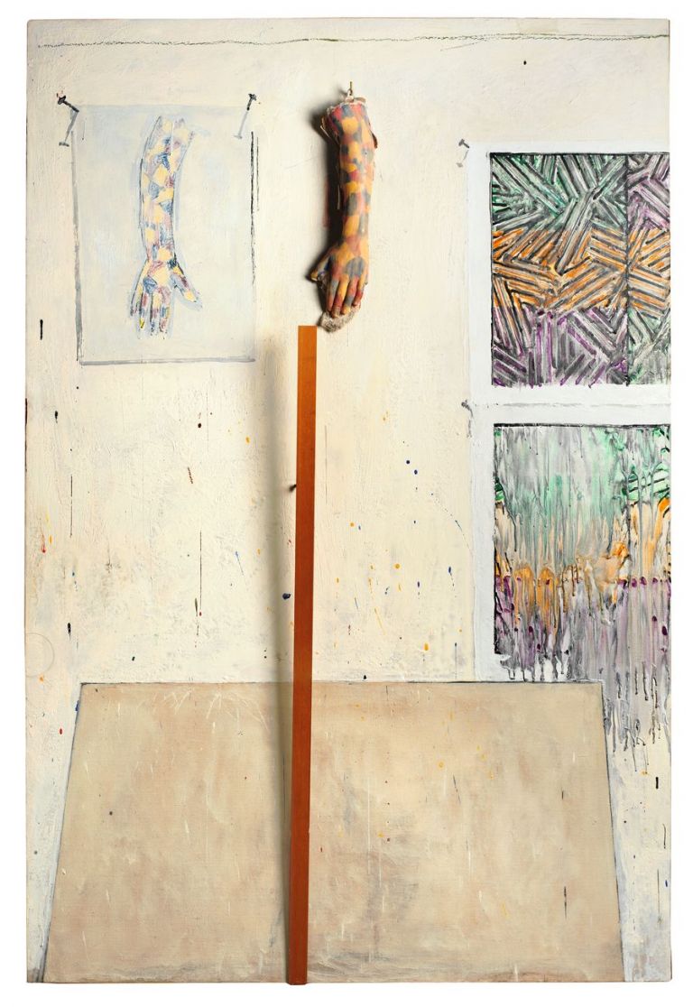 Jasper Johns, In the Studio, 1982. Encaustic, crayon, and collage on canvas with objects, 72 × 48 in. (182.9 × 121.9 cm). Collection of the artist; on long-term loan to the Philadelphia Museum of Art, 1984. © 2021 Jasper Johns / Licensed by VAGA at Artists Rights Society (ARS), New York. Photograph © The Wildenstein Plattner Institute, New York, 2021