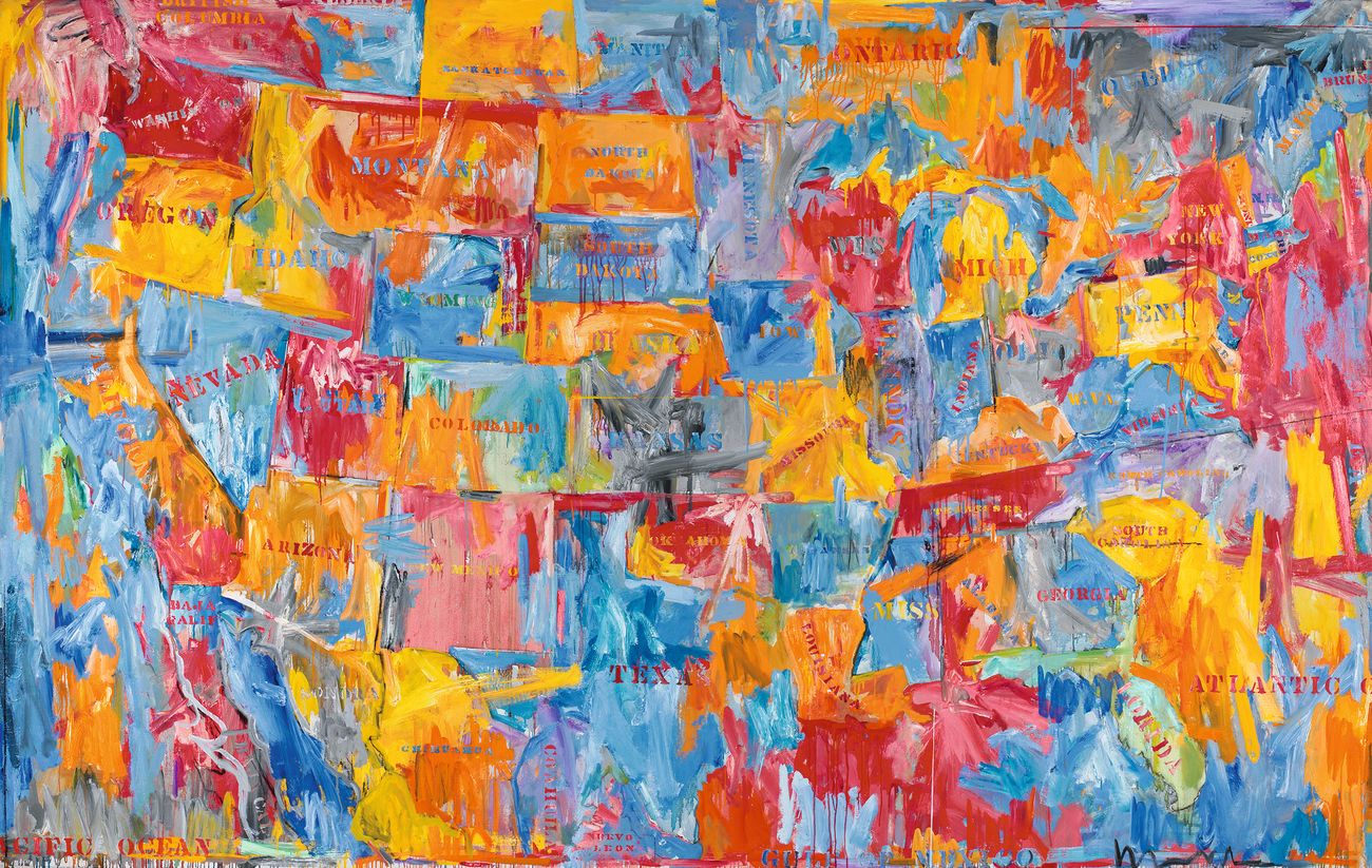 Jasper Johns, Map, 1961. Oil on canvas, 78 × 123 1/4 in. (198.1 × 313.1 cm). The Museum of Modern Art, New York; gift of Mr. and Mrs. Robert C. Scull 277.1963. © 2021 Jasper Johns / Licensed by VAGA at Artists Rights Society (ARS), NY