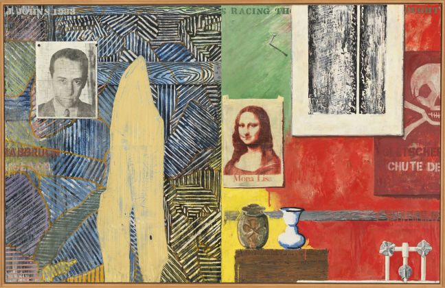 Jasper Johns, Racing Thoughts, 1983. Encaustic and collage on canvas, 48 1/8 × 75 3/8 in. (122.2 × 191.5 cm). Whitney Museum of American Art, New York; purchase, with funds from the Burroughs Wellcome Purchase Fund; Leo Castelli; the Wilfred P. and Rose J. Cohen Purchase Fund; the Julia B. Engel Purchase Fund; the Equitable Life Assurance Society of the United States Purchase Fund; The Sondra and Charles Gilman, Jr. Foundation, Inc.; S. Sidney Kahn; The Lauder Foundation, Leonard and Evelyn Lauder Fund; the Sara Roby Foundation; and the Painting and Sculpture Committee 84.6. © 2021 Jasper Johns / Licensed by VAGA at Artists Rights Society (ARS), NY. Photograph by Jamie Stukenberg, Professional Graphics, Rockford, Illinois