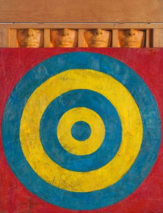 Jasper Johns, Target with Four Faces, 1955. Encaustic and collage on canvas with objects, 29 3/4 × 26 in. (75.6 × 66 cm). The Museum of Modern Art, New York; gift of Mr. and Mrs. Robert C. Scull 8.1958. © 2021 Jasper Johns / Licensed by VAGA at Artists Rights Society (ARS), NY. Photograph by Jamie Stukenberg, Professional Graphics, Rockford, Illinois