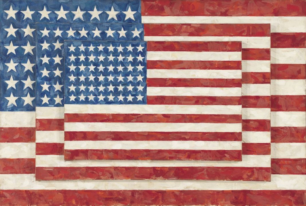 Jasper Johns, Three Flags, 1958. Encaustic on canvas (three panels), 30 7/8 × 45 3/4 in. (78.4 × 116.2 cm) overall. Whitney Museum of American Art, New York; purchase, with funds from the Gilman Foundation, Inc., The Lauder Foundation A. Alfred Taubam, Laura-Lee Whittier Woods, Howard Lipman, and Ed Downe in honor of the Museum's 50th Anniversary 80.32. © 2021 Jasper Johns / Licensed by VAGA at Artists Rights Society (ARS), NY