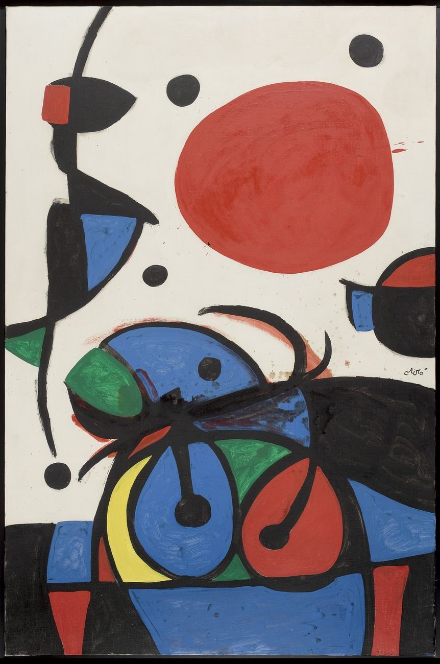 Joan Miró, Personnage et oiseaux devant le soleil, 1976, olio su tela. Photo Gabriel Ramon. Archivio Successió Miró © Successió Miró ADAGP, Paris, by SIAE 2021