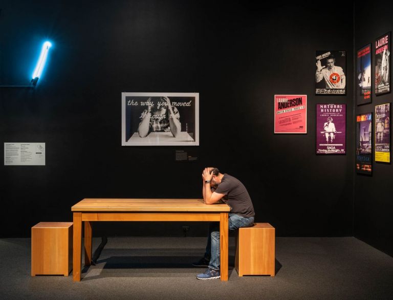 Laurie Anderson, The Handphone Table, 1978 (recreated 2017). Installation view at the Hirshhorn Museum and Sculpture Garden, Smithsonian Institution, Washington, DC, 2021. Exploratorium, San Francisco. Courtesy of the artist. Photo Ron Blunt