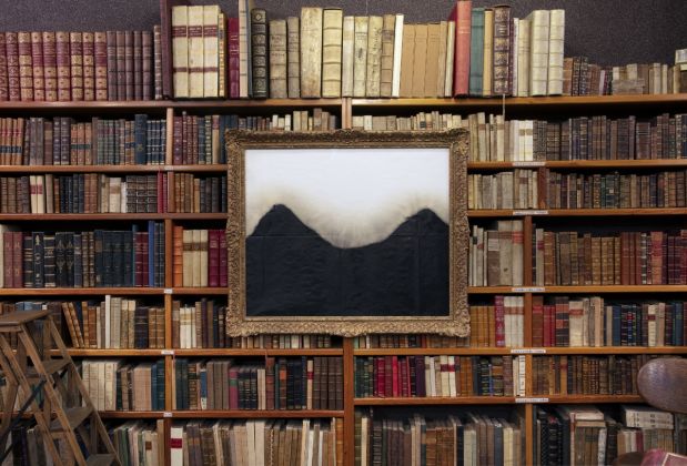 PAOLO CANEVARI (Libreria Gilibert) Monumenti della memoria Black pages and Paesaggi, 2019 exhausted motor oil on papers with ancient frames cour