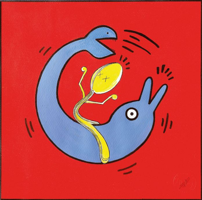 Simone D’Auria, Mr Spoon Enjoy (omaggio a Keith Haring), acrilico su cartoncino, 30x30 cm