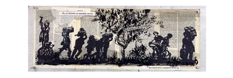 William Kentridge The wind will conspire with us, 2020 China, carta tagliata al laser e collage di testo digitale, matita rossa su pagine recuperate di enciclopedia. 27 × 72 cm Copyright: © William Kentridge Photo: Thys Dullaart Courtesy Galleria Lia Rumma Milano/Napoli