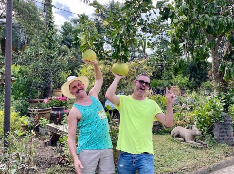 Austin Young and David Allen Burns (left/right), documentation image of the artists on a research trip for a commissioned installation artwork for Vallarta Botanical Gardens, ‘Los Angelitos de Nuestra Señora del Jardin,’ Puerto Vallarta, Mexico, 2021
