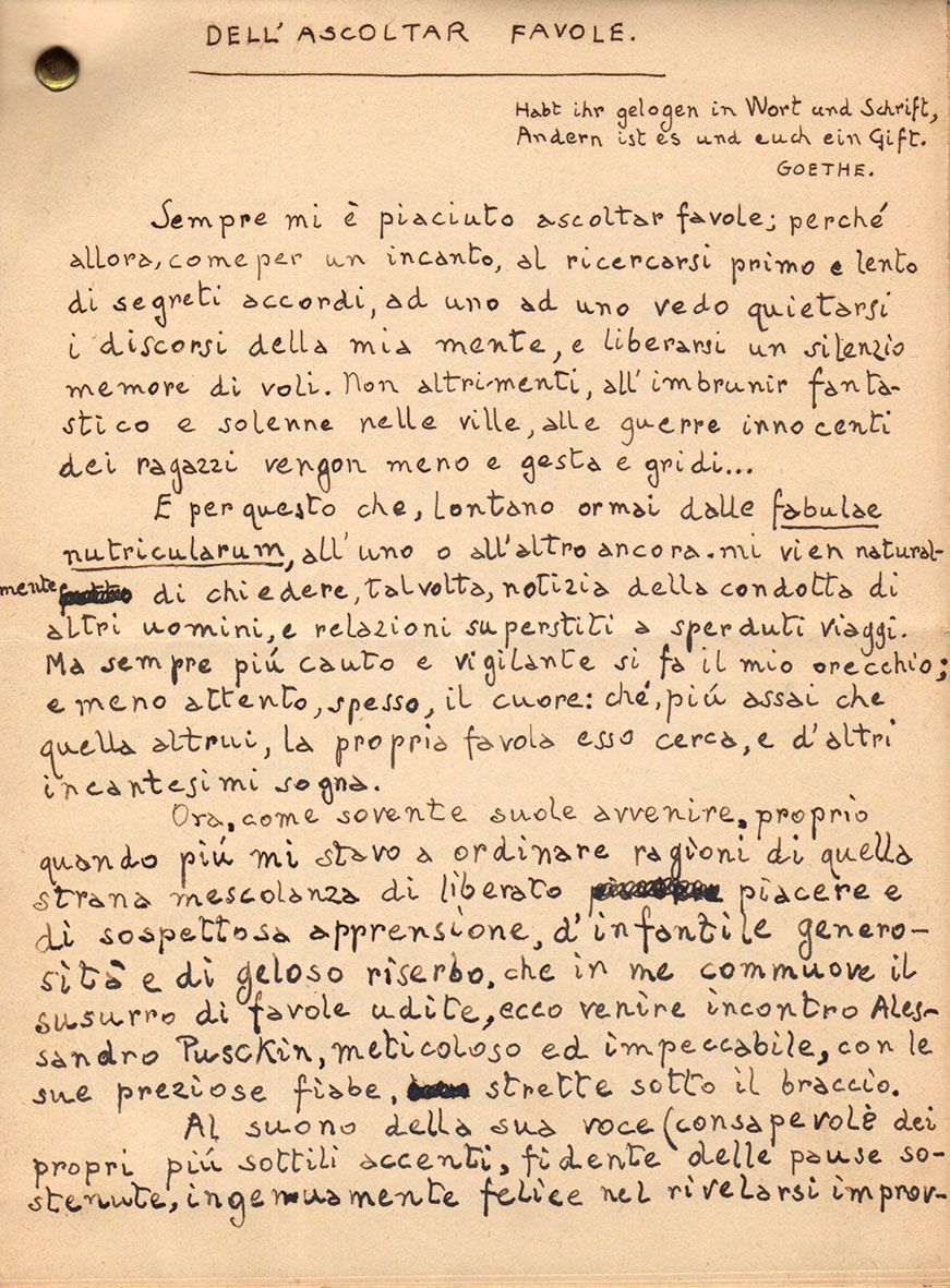 Edoardo Cacciatore, Dell’ascoltar favole, manoscritto autografo firmato di 10 pagine (21 x 15,5 cm), s.d. (anni '50)