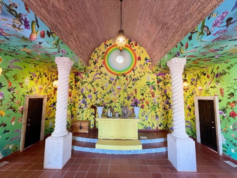 Detail from the artwork installation, Los Angelitos de Nuestra Señora del Jardín . Custom made wallcovering, archival watercolor inks printed onto natural fabrics. Dimensions variable. David Allen Burns and Austin Young / Fallen Fruit, 2021