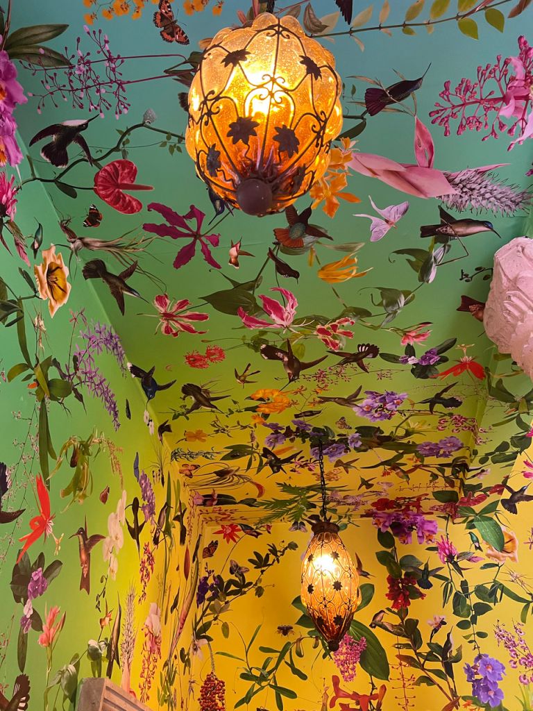 Detail from the artwork installation, Los Angelitos de Nuestra Señora del Jardín . Custom made wallcovering, archival watercolor inks printed onto natural fabrics. Dimensions variable. David Allen Burns and Austin Young / Fallen Fruit, 2021