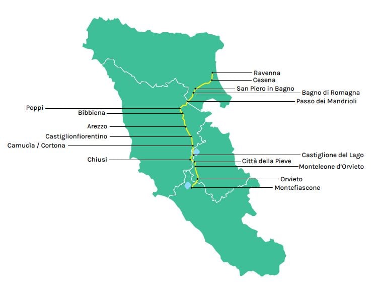 Il percorso della ex Strada Statale 71, la Umbro Casentinese Romagnola. Grafica © Artribune Magazine