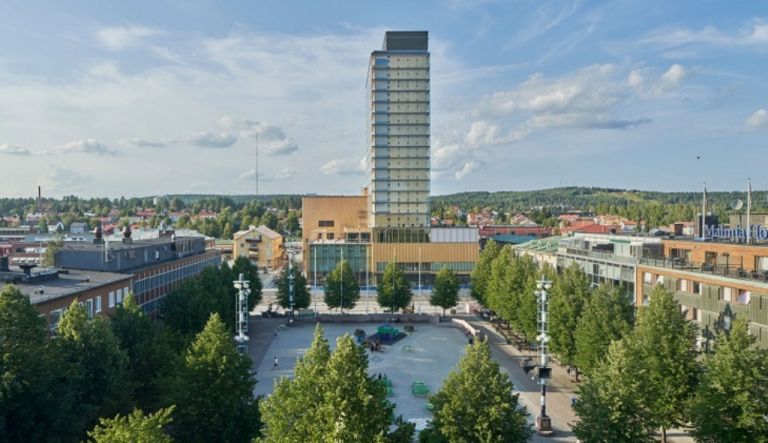 La Sara Kulturhus nel panorama di Skellefteå. Photo White Arkitekter