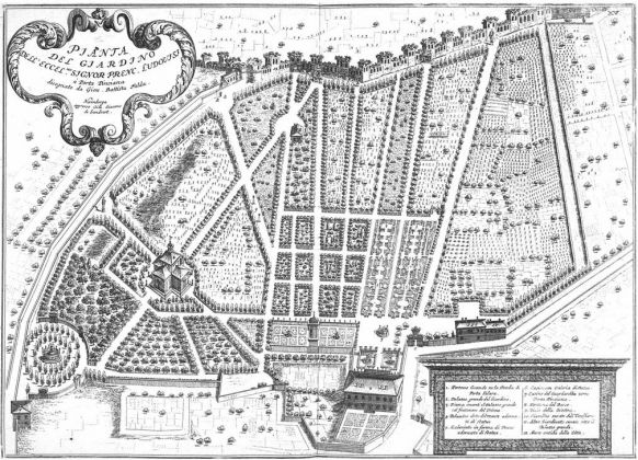 La mappa dei Giardini Ludovosi di Giovan Battista Falda in basso si deve la Villa, in alto a sinistra il Casino tuttora superstite