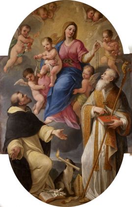 Plautilla Bricci, Madonna del Rosario con i santi Domenico e Liborio, 1683 87 ca., olio su tela centinata. Poggio Mirteto, Chiesa di Santa Maria Assunta