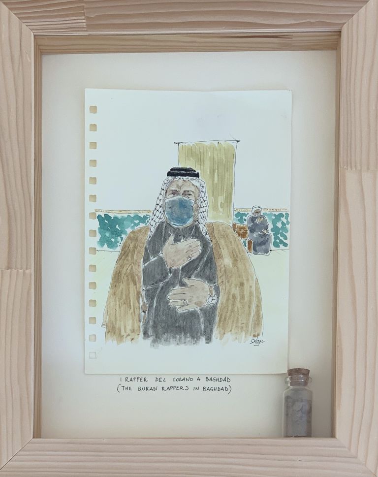 Salgar, I rapper del Corano a Baghdad, 2021, ink and natural pigment obtained from the soil of Baghdad, 20,5x14,5 cm