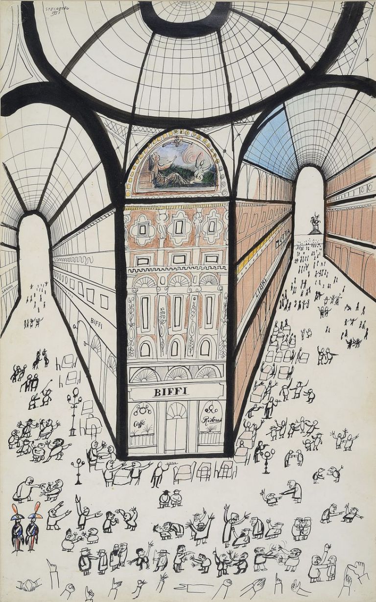 Saul Steinberg, Galleria di Milano, 1951, Inchiostro, matita grassa e acquerello su carta. Collezione privata © The Saul Steinberg Foundation/Artists Rights Society (ARS) New York