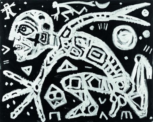 A.R. Penck, Mann Bewengung, 1986, olio su tela, 160x200 cm