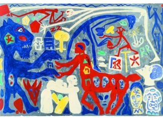 A.R. Penck, Situation ganz ohne schwarz, 2001, acrilico su tela, 200x300 cm